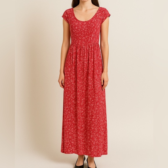 APRICOT Dresses & Skirts - APRICOT Floral Flowy Lightweight Cap Sleeve Slit Maxi Sundress Dress Red White